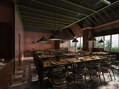 Elegant Modern Restaurant Interior With Wooden Tables Hanging Lights And Large Windows 3d model