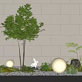 Outdoor Garden Decor With Tree White Rabbit Round Lights Green Plants And Pebbles