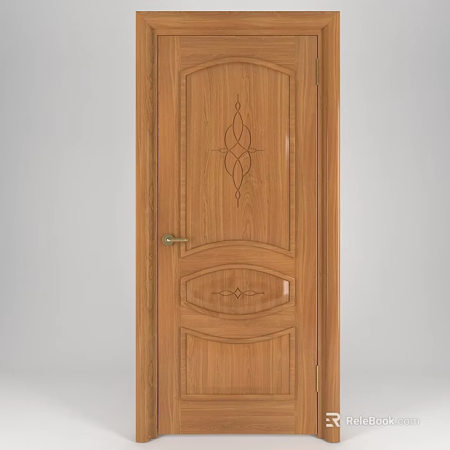 Wooden Swing Door With Intricate Carved Patterns And Golden Handle Design 3d model 