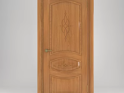 Wooden Swing Door With Intricate Carved Patterns And Golden Handle Design 3d model