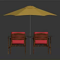 Outdoor Dining Set Featuring Wooden Table Red Chairs And Yellow Umbrella