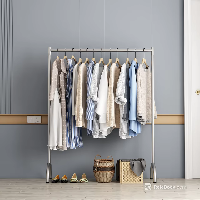 Sturdy Metal Clothes Rack Hanging Various Neutral Light Blue Clothes with Woven Baskets Below 3d model 