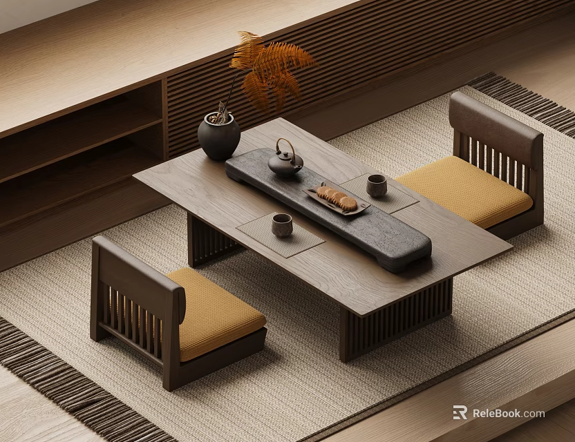 Wooden Tea Table and Chairs Featuring Tea Set Tray Yellow Plant Vase in Minimalist Interior 3d model 