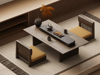 Wooden Tea Table and Chairs Featuring Tea Set Tray Yellow Plant Vase in Minimalist Interior 3d model