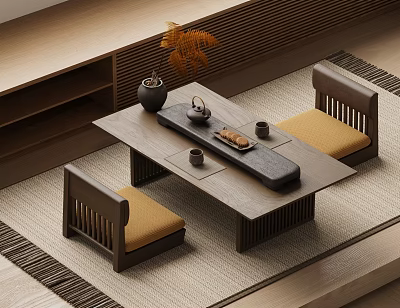 Wooden Tea Table and Chairs Featuring Tea Set Tray Yellow Plant Vase in Minimalist Interior 3d model