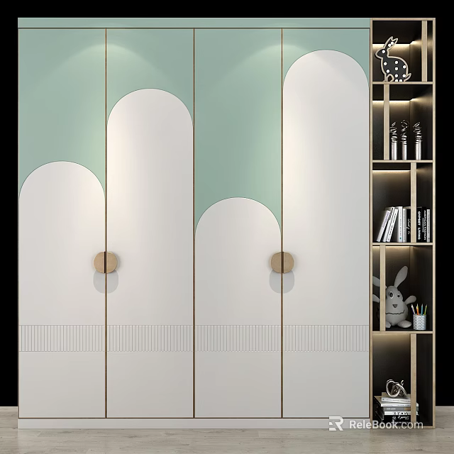 Modern Light Green Wardrobe With Arched Doors Wooden Knobs And Decorative Shelf 3d model 