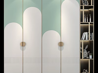 Modern Light Green Wardrobe With Arched Doors Wooden Knobs And Decorative Shelf 3d model