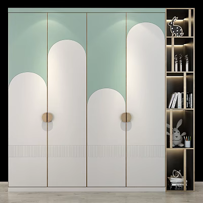 Modern Light Green Wardrobe With Arched Doors Wooden Knobs And Decorative Shelf 3d model
