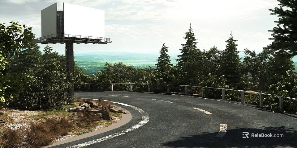 Curved Road Facilities With Guardrails Billboard And Scenic Surrounding Trees 3d model 
