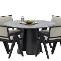 Modern Dining Table Set with Round Gray Tabletop Black Frame Beige Chairs and Fruit Tray 3d model