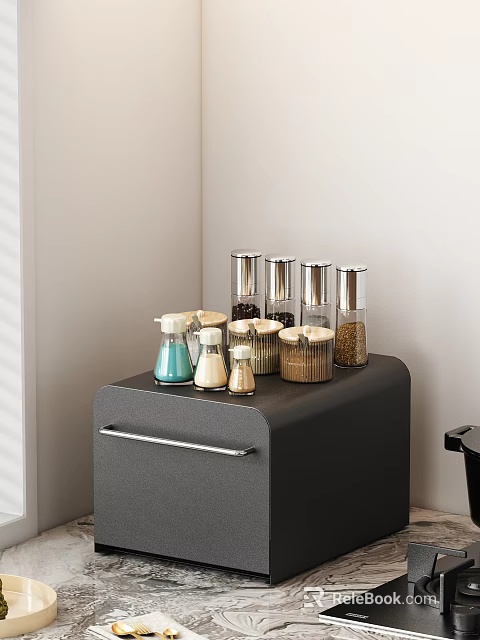 Stylish Kitchen Spice Containers on Gray Cabinet with Various Spices and Airtight Lids 3d model 