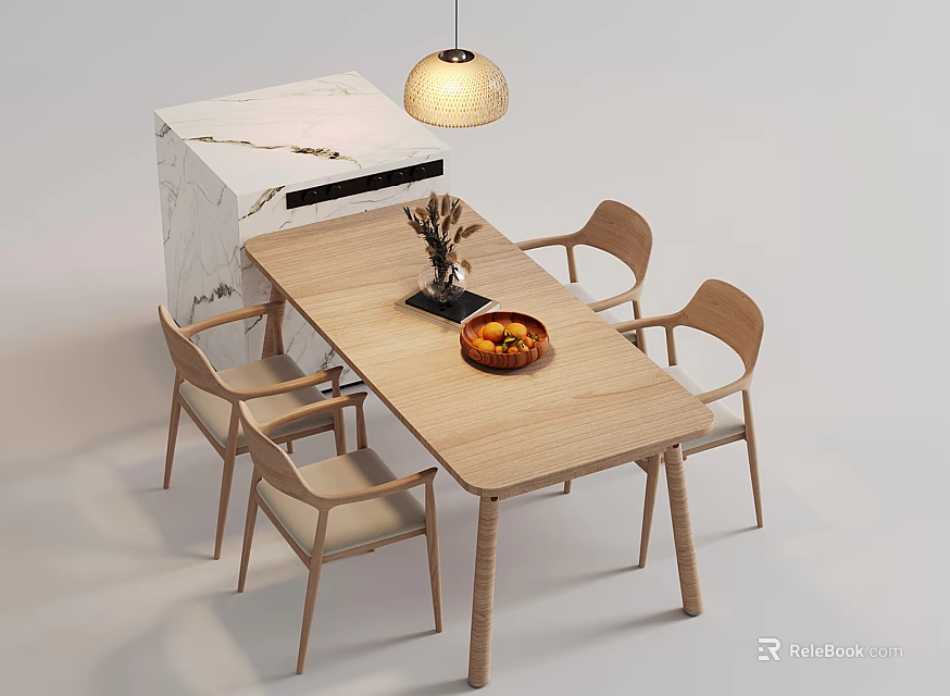 Wooden Dining Table Set With Four Chairs Marble Counter Pendant Light And Fruit Bowl 3d model 
