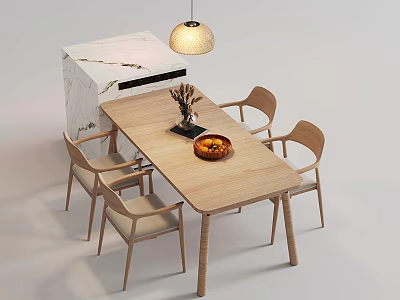 Wooden Dining Table Set With Four Chairs Marble Counter Pendant Light And Fruit Bowl 3d model