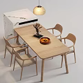 Wooden Dining Table Set With Four Chairs Marble Counter Pendant Light And Fruit Bowl