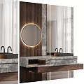 Modern Bathroom Vanity With Marble Countertop Round Mirror And Wooden Accents