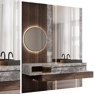 Modern Bathroom Vanity With Marble Countertop Round Mirror And Wooden Accents 3d model