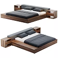 Modern Double Bed With Wooden Platform Frame Upholstered Headboard And Dark Bedding
