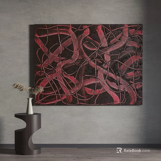 Abstract Painting Featuring Black And Red Intertwined Lines On Grey Wall With Side Table 3d model