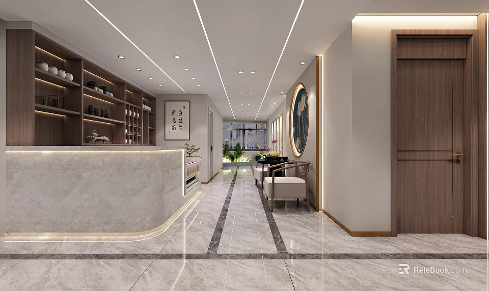 Modern Elevator Lobby Interior Design With Marble Floor Wooden Elements And Artwork 3d model