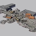 Construction Demolition Site With Bulldozers Dump Trucks And Piles Of Debris