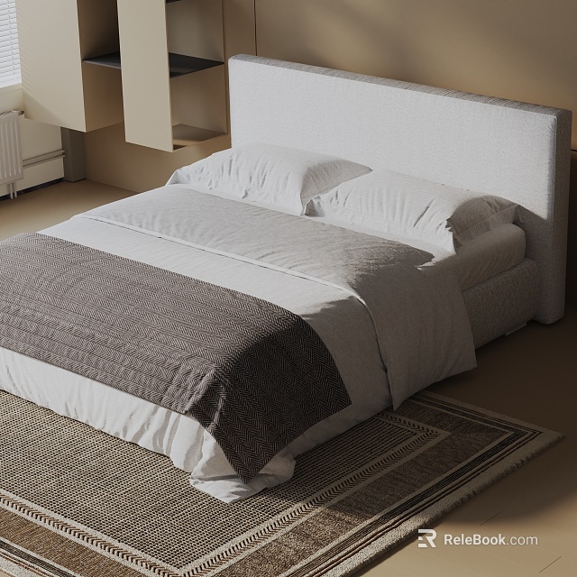 Minimalist Double Bed With White Headboard White Sheets And Gray Blanket On Rug 3d model 