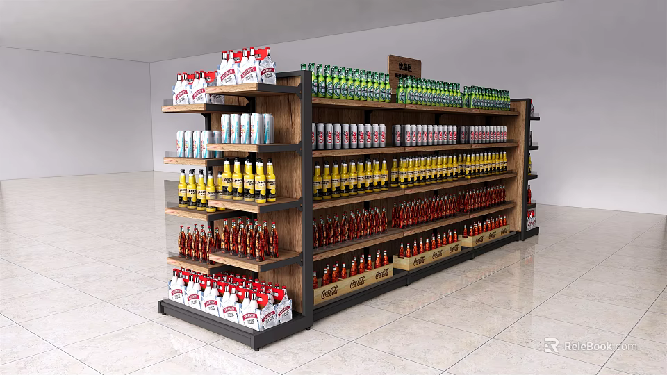 Multi Tiered Retail Display Shelving Stocked With Colorful Bottled And Canned Beverages 3d model 