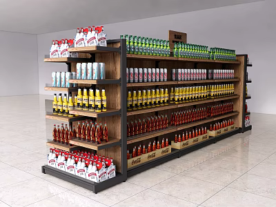 Multi Tiered Retail Display Shelving Stocked With Colorful Bottled And Canned Beverages 3d model