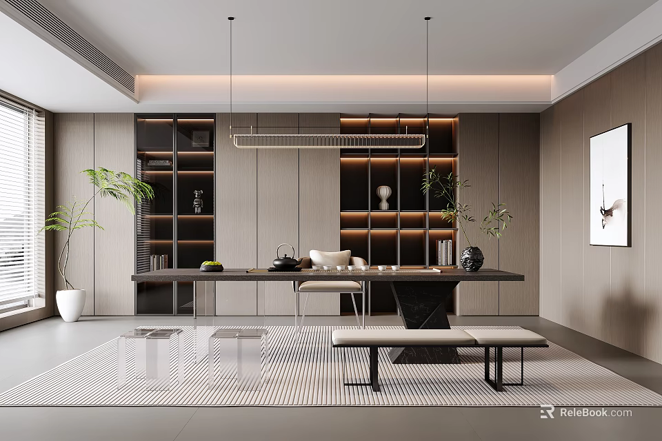 Modern Tea Room Interior Design With Open Layout Tea Table Seats And Green Plants 3d model 