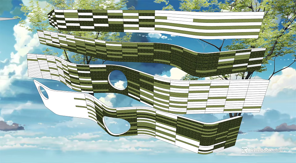 Modern Wavy Striped Landscape Wall Green White With Circular Openings Against Blue Sky And Trees 3d model 