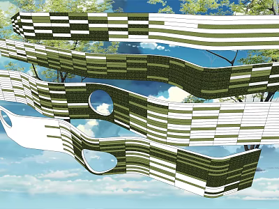 Modern Wavy Striped Landscape Wall Green White With Circular Openings Against Blue Sky And Trees 3d model