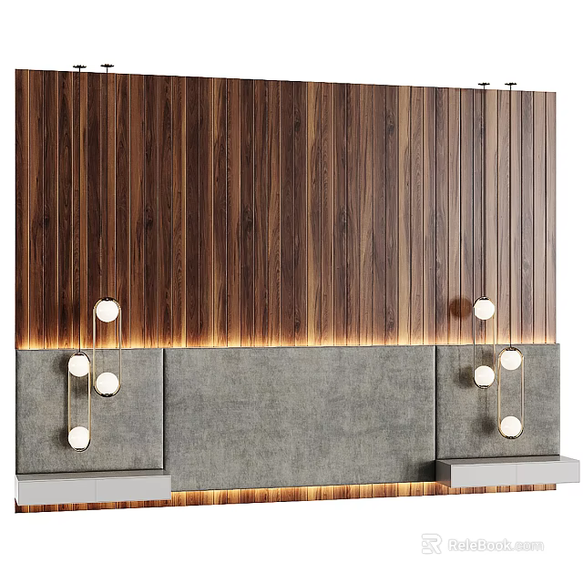 Vertical Wooden Slat Bedroom Accent Wall With Gray Concrete Panel And Hanging Globe Lights 3d model 