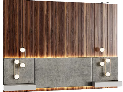 Vertical Wooden Slat Bedroom Accent Wall With Gray Concrete Panel And Hanging Globe Lights 3d model