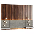 Vertical Wooden Slat Bedroom Accent Wall With Gray Concrete Panel And Hanging Globe Lights