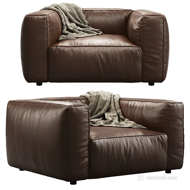 Elegant Brown Leather Single Sofa With Cozy Gray Blanket In Living Room 3d model 
