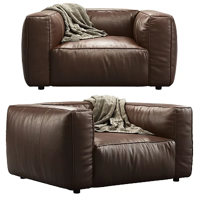 Elegant Brown Leather Single Sofa With Cozy Gray Blanket In Living Room 3d model