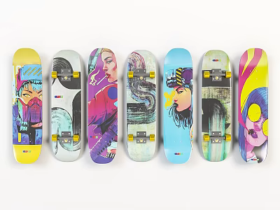 Assorted Colorful Skateboards With Unique Graphic Art Designs And Diverse Patterns 3d model