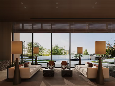 Minimalist Modern Leisure Area with Sofas Coffee Tables Floor Lamps Overlooking Greenery And Water Features 3d model