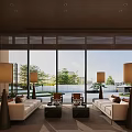 Minimalist Modern Leisure Area with Sofas Coffee Tables Floor Lamps Overlooking Greenery And Water Features