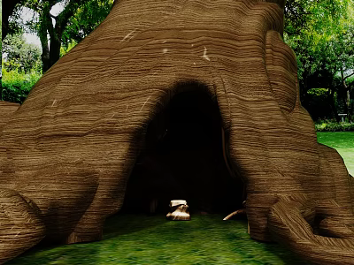 Giant Tree Stump Landscape with Textured Trunk Central Cave White Object Green Grass and Trees 3d model