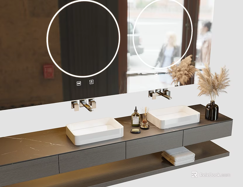 Modern Bathroom Vanity with Double White Washbasins Round Backlit Mirrors Dried Pampas Grass 3d model 