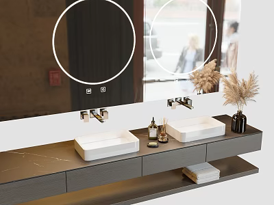 Modern Bathroom Vanity with Double White Washbasins Round Backlit Mirrors Dried Pampas Grass 3d model