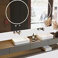 Modern Bathroom Vanity with Double White Washbasins Round Backlit Mirrors Dried Pampas Grass