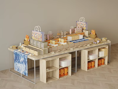 Multi tiered Wooden Display Shelves Showcasing Bags Boxes Food Items And Decorative Cloth 3d model