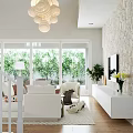Duplex Living Room Interior With Stone Wall TV White Sofas Coffee Table And Potted Plant