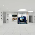 Organic Exhibition Area With White Display Wall Wooden Shelves Colorful Icons And Information Texts