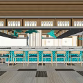 Modern Restaurant Interior With Bar Counter Pendant Lights Wooden Elements Green Decorations And Comfortable Seats