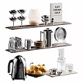 Decorative Ornaments Set With Metal Cups White Ornament Books and Fruits on Wooden Shelves