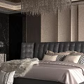 Elegant Modern Bedroom Interior With Dark Leather Headboard Crystal Chandelier And Round Nightstand