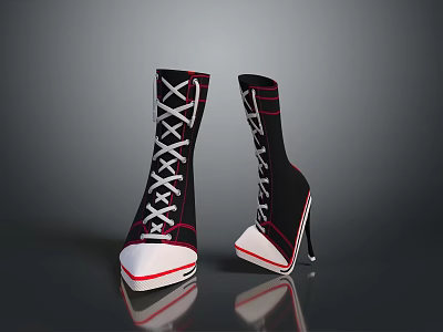 Stylish Black Shoes With Red Accents White Laces And Stiletto Heels 3d model