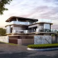 Semi Detached Villa Modern Exterior Design With Stone Metal Facade Trees Garage And Cars